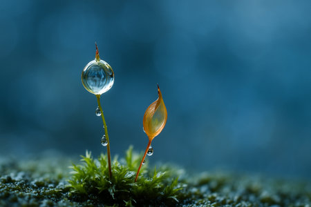 AI generated ultra realistic macro scene of fresh green moss with delicate stems holding clear dewdrops glowing against soft blue bokeh background creating a calm pure and refreshing moodの素材
