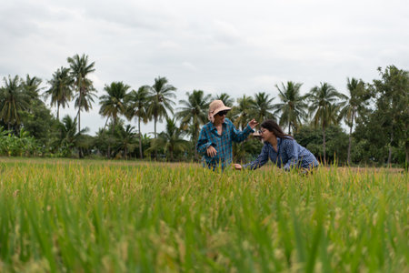 Two LGBTQ friends walking through a lush rice field in Thailand. They are dressed casually in plaid...