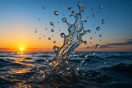 AI generated water splash rising against a glowing sunset horizon creating a powerful dynamic seascape filled with energy motion clarity warm light and natural beautyの素材