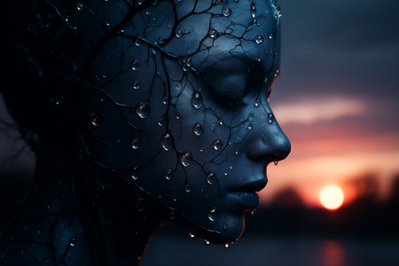 AI generated surreal human profile blended with transparent tree branches and sparkling water droplets glowing softly against a warm sunset symbolizing emotion nature connection quiet introspectionの素材