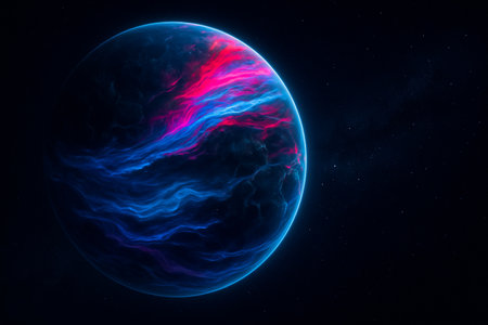 AI generated cosmic planet with glowing neon waves deep shadows and vibrant red blue light creating a powerful surreal sci fi atmosphere with mystery space and dynamic energyの素材
