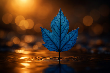 AI generated blue leaf standing on water with soft ripples warm golden bokeh and calm fantasy mood symbolizing silence reflection warm hope and gentle emotional nature atmosphereの素材