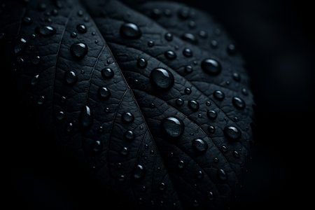 AI generated a dark macro nature artwork featuring a textured leaf covered in dew droplets. The composition highlights the cool calm mood with detailed water beads on the leaf surfaceの素材