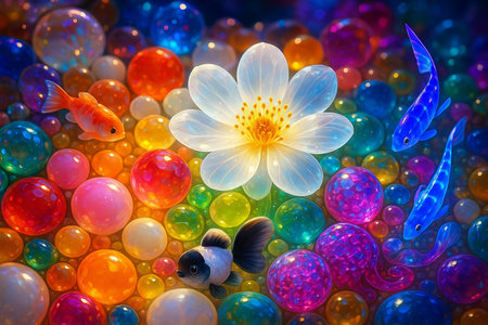 AI generated fantasy macro art featuring a glowing crystal-like flower surrounded by colorful translucent stones tiny whimsical fish. The dreamy colors and radiant light create a magical mood filledの素材