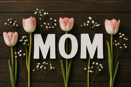 AI generated warm floral flatlay featuring soft pink tulips arranged alongside white wooden mom letters on a dark wood background creating a tender heartfelt scene perfect for mothers day loveの素材