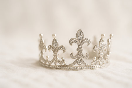 AI generated close up of a silver crown with crystal details and pearl accents on soft white fabric creating a bright gentle grace romantic fairytale charm suitable for wedding love and beauty themesの素材