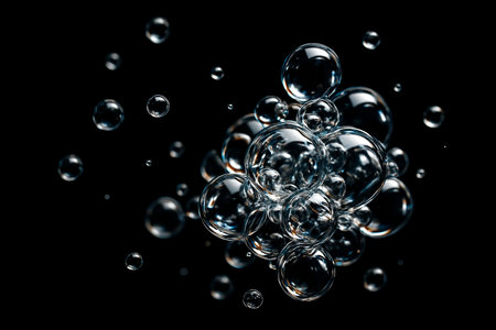 AI generated bubble composition featuring transparent glass like spheres floating in a dark minimal background. The glowing highlights create a calm modern and luxurious abstract moodの素材