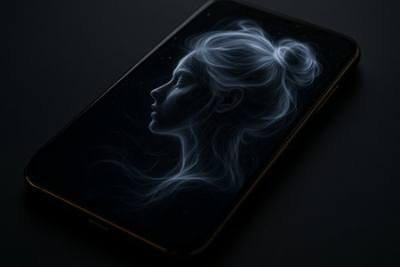 AI generated surreal smoke line portrait glowing on a smartphone screen featuring soft white luminous trails forming a womans face against a deep black background creating a mysterious calmの素材