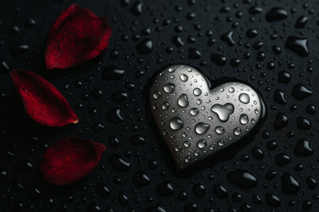 AI generated silver heart on a dark wet surface with scattered red rose petals and reflective water droplets creating a romantic yet dramatic mood with deep contrast and emotional elegance.の素材