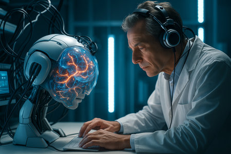 AI generated researcher working intensely with a glowing robotic brain connected by neural wires in a high tech lab conveying innovation intelligence focus and the fusion of human thoughtの素材