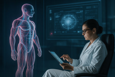 AI generated futuristic medical scene doctor reviewing a glowing human body hologram in a digital lab highlighting advanced healthcare analysis calm precision and modern technologyの素材