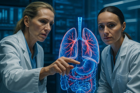 AI generated two medical specialists examining a glowing holographic organ model in a high tech lab conveying precision teamwork innovation and advanced scientific insightの素材