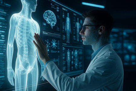 AI generated medical specialist examining a glowing full body hologram with detailed skeletal and neural data surrounded by advanced digital panels creating a precise futuristic scientific atmosphereの素材