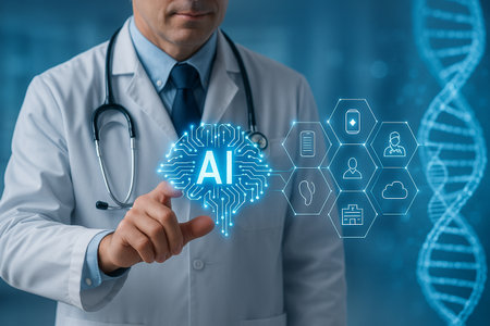 AI generated futuristic medical interface showing a doctor interacting with glowing AI and digital health icons clean blue tech environment to represent smart healthcare and data driven diagnosticsの素材