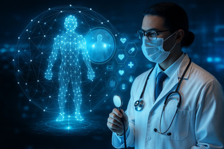 AI generated doctor examining a glowing human body hologram within a data sphere symbolizing smart diagnostics medical technology precision health analytics and advanced digital careの素材