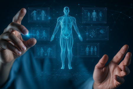 AI generated futuristic medical diagnostics showing a glowing 3D human body hologram with interactive data panels touchless control gestures representing advanced health analysis and digital anatomyの素材