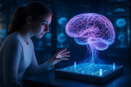 AI generated immersive female scientist analyzing a glowing transparent brain hologram with neural light patterns and bio data signals representing advanced neuroscience research precision diagnosticsの素材