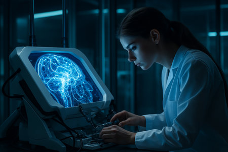AI generated neuroscience research scene showing a focused female scientist analyzing glowing brain data in a high tech lab blending science innovation and digital intelligenceの素材