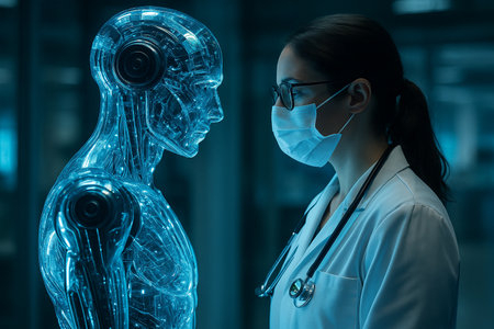AI generated scene showing a female doctor closely examining a transparent glowing humanoid robot symbolizing advanced medical robotics collaboration precision digital innovationの素材