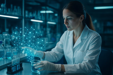 AI generated ultra modern lab scene showing a focused female researcher working with glowing data mesh elements symbolizing advanced biotech analysis precision science and seamless human technologyの素材