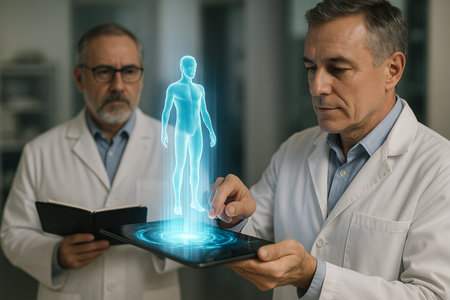 AI generated doctors using a glowing human body hologram for advanced diagnosis in a modern clinical lab presenting a sense of innovation safety and professional precision with clean space for contentの素材
