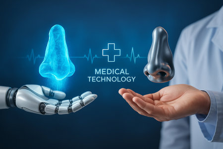 AI generated conceptual illustration showing a robotic hand and a human doctor hand presenting advanced nose models symbolizing ENT innovation digital diagnostics and future medical collaborationの素材