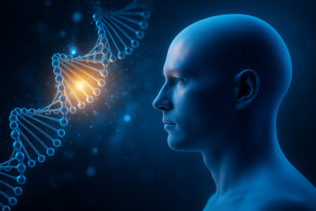 AI generated profile human model facing a glowing holographic DNA strand symbolizing genetics evolution precision medicine and the deep connection between humanity and advanced biologicalの素材
