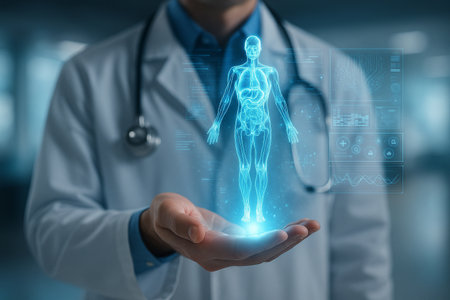 AI generated futuristic medical concept showing a glowing human body hologram above a doctors hand symbolizing advanced digital diagnostics neuroscience and precision healthcare technologyの素材