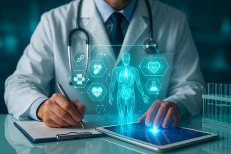 AI generated futuristic medical interface showing doctor interacting with holographic health data diagnostics and digital analysis in a high tech clinical environmentの素材