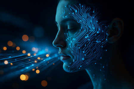 AI generated a human face merged with glowing digital circuit patterns symbolizing deep intelligence and human tech connectionの素材