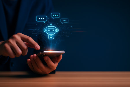 AI generated a high tech chatbot hologram rising from a smartphone with digital chat bubbles symbolizing smart communication and AI assistanceの素材
