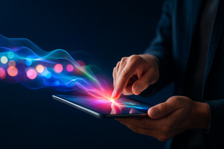 AI generated a hand touching a tablet with colorful data waves symbolizing digital connection creativity and futuristic technologyの素材