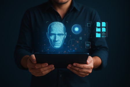 AI generated a man holding a tablet projecting a glowing digital human face with biometric panels symbolizing identity security and precisionの素材