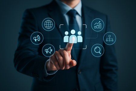 AI generated futuristic hr scene showing a professional selecting team members through glowing holographic icons representing recruitment analytics growth and modern workforce managementの素材