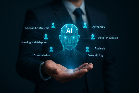AI generated hologram scene showing a businessman holding a glowing AI head interface with connected data icons representing automation analytics recognition digital intelligence in futuristic styleの素材