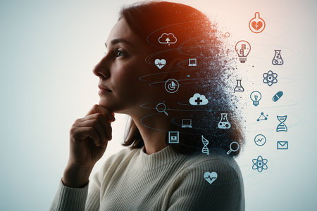 AI generated woman in thoughtful pose with her head transforming into digital particles surrounded by orbiting icons of science, medicine, technology symbolizing innovation and future intelligence.の素材