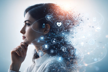AI generated a woman in a thoughtful pose with her head transforming into flowing digital particles surrounded by orbiting icons of science medicine technology and communication symbolizingの素材
