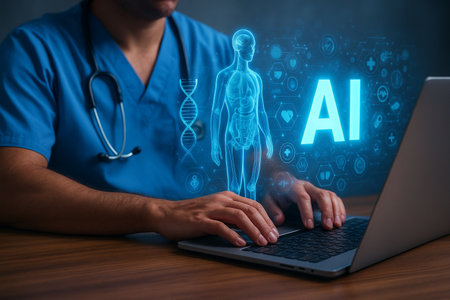 AI generated futuristic medical scene showing a healthcare professional using holographic anatomy DNA and diagnostics interface to analyze patient information with advanced artificial intelligenceの素材