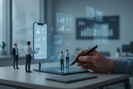 AI generated futuristic digital workspace with holographic dashboards miniature team avatars and data analytics representing smart office collaboration and advanced virtual workflowの素材