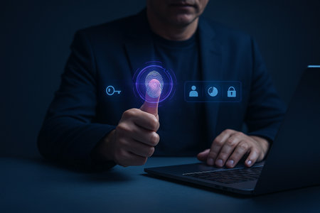 AI generated concept of biometric identity scan with digital security icons and data protection interface conveying trust safety and advanced authentication technologyの素材