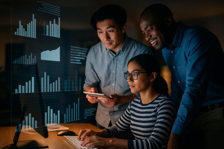 AI generated a focused teamwork scene showing professionals analyzing digital information and collaborating on strategic insights in a modern workspace with a high tech atmosphereの素材