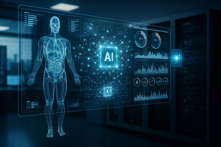 AI generated medical interface with human body scan analytics charts neural network connections and digital health insights blending advanced technology precision and futuristic healthcare innovationの素材