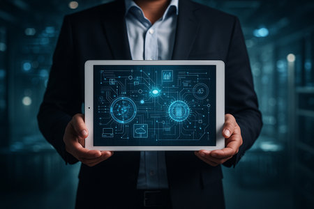 AI generated digital visualization of a professional managing smart infrastructure and data systems through a tablet with holographic circuit diagrams conveying control precision connectivityの素材