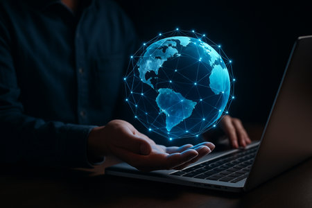 AI generated image of a glowing holographic earth floating above a laptop symbolizing global connectivity data exchange and digital communication with a futuristic and professional atmosphereの素材