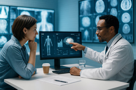 AI generated a doctor explaining scan results to a patient with medical imaging data, modern technology, and a calm professional atmosphere representing trust, clarity, and healthcare decisions.の素材