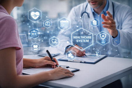 AI generated doctor and patient interaction with floating medical icons illustrating modern healthcare data system technology and smart patient management in a clinical environmentの素材