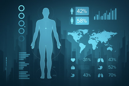 AI generated digital medical analytics with a human body outline global health map demographic charts organ statistics and infographic elements in a blue futuristic interfaceの素材