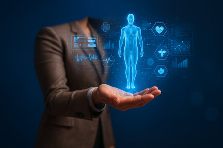 AI generated digital healthcare interface with a business professional holding a 3D human model hologram surrounded by medical icons charts and data elements in a modern blue tech environmentの素材