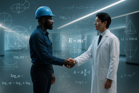 AI generated partnership between scientist and engineer with futuristic formulas and math graphics symbolizing innovation and technical cooperationの素材