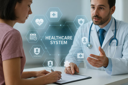 AI generated doctor and patient interaction with floating medical icons illustrating modern healthcare data system technology and smart patient management in a clinical environmentの素材